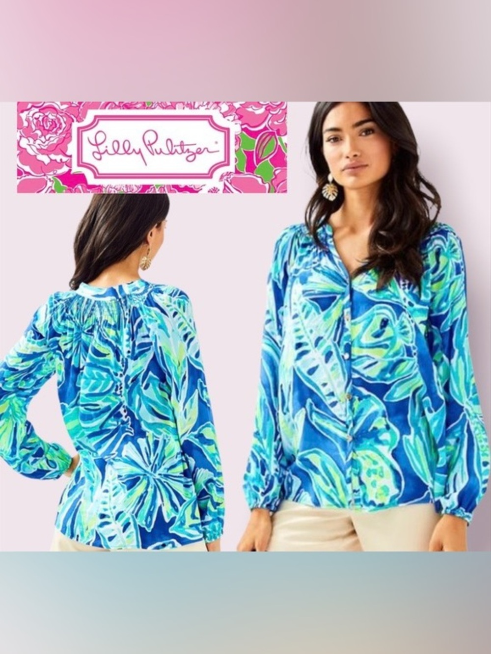 Lilly Pulitzer BUTTON FRONT ELSA TOP Beckon Blue Palm Passage Sz xxs